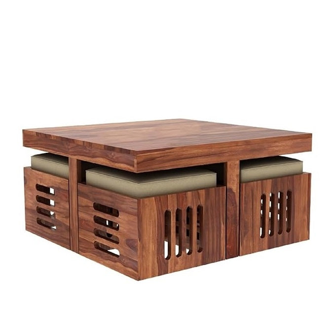 ADOUER WOOD 4 Stool Sheesham Wood Coffee Table Set For Living (Honey Finish)