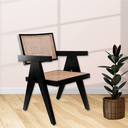 ADOUER WOOD "Mid-Century Modern Black Wooden Armchair with Woven Cane Backrest and Seat"