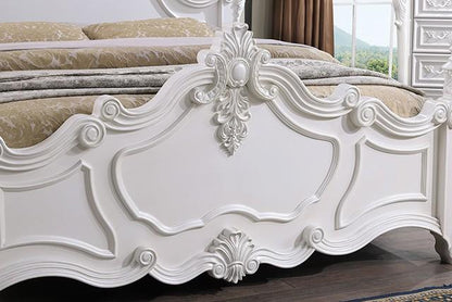 ADOUER WOOD Luxury Maharaja Hand Carving Solid Sheesham Wood White Designer Bed Without Storage For Bedroom