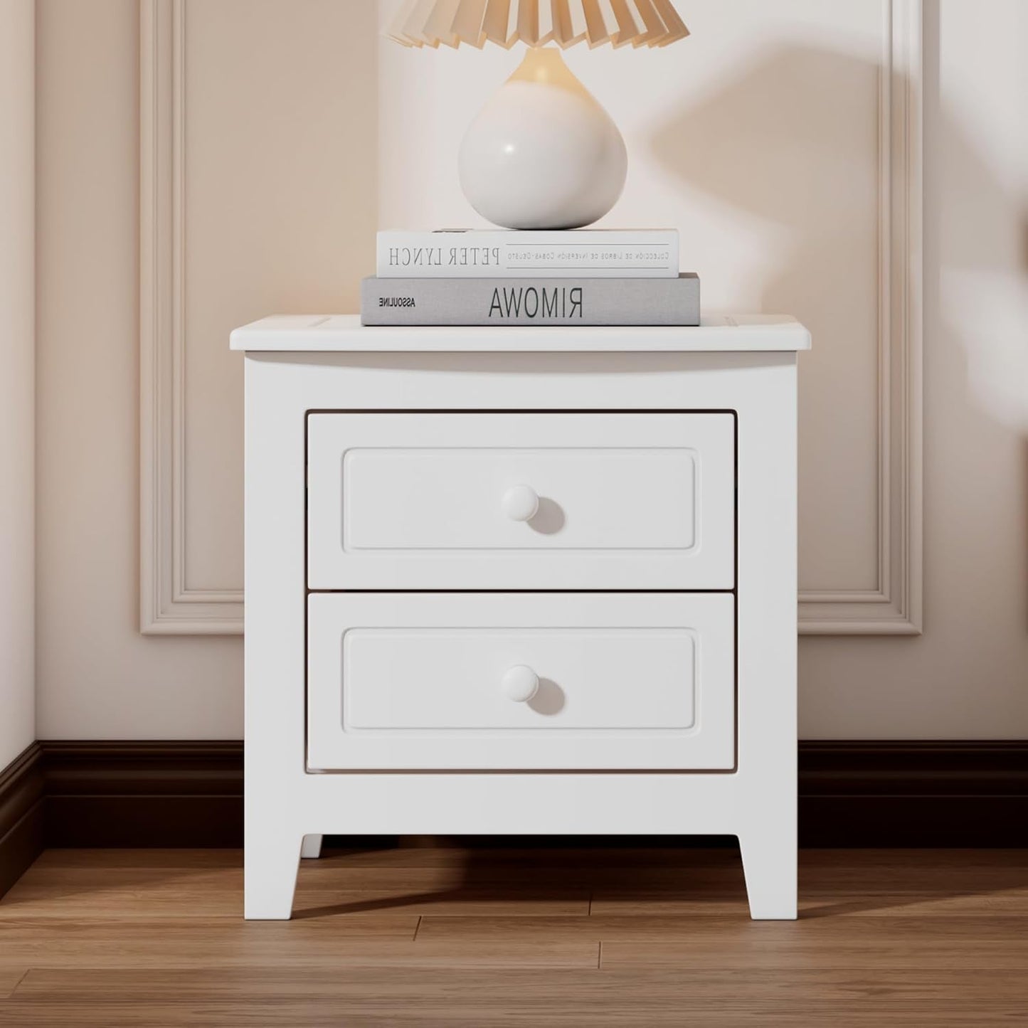 ADOUER WOOD White Wooden Bedside Table with Two Drawers and Knob Handles