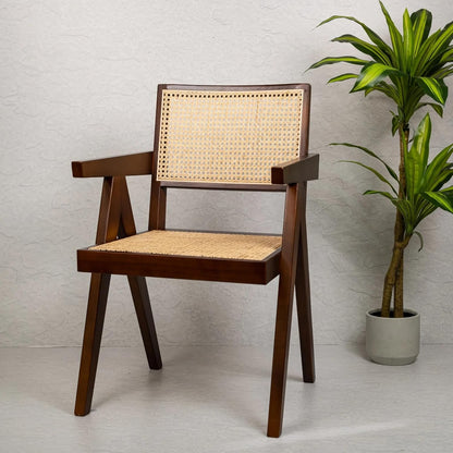 ADOUER WOOD "Mid-Century Modern Wooden Dining Chair with Cane Backrest and Seat – Teak Finish"