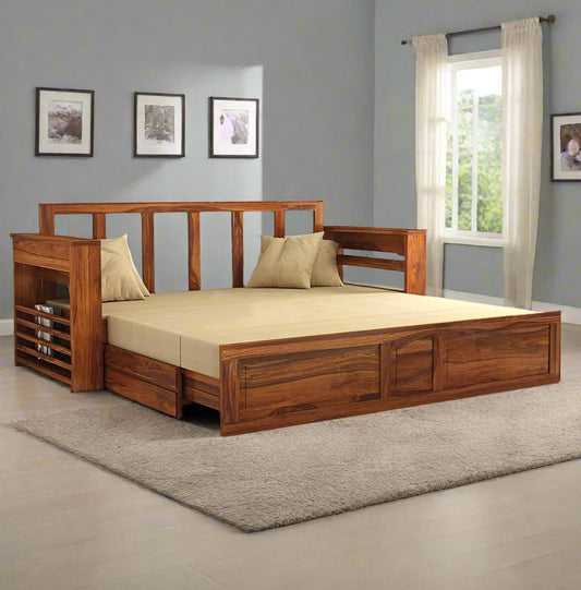 ADOUER WOOD Solid Sheesham Wood Honey Sofa Cum Bed Without Storage