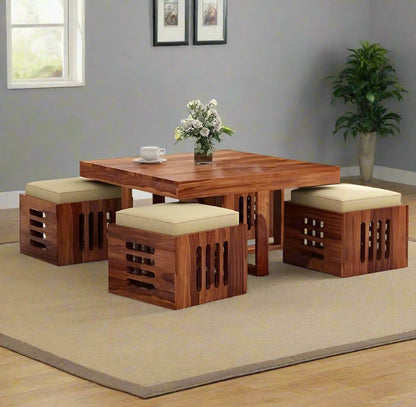 ADOUER WOOD 4 Stool Sheesham Wood Coffee Table Set For Living (Honey Finish)