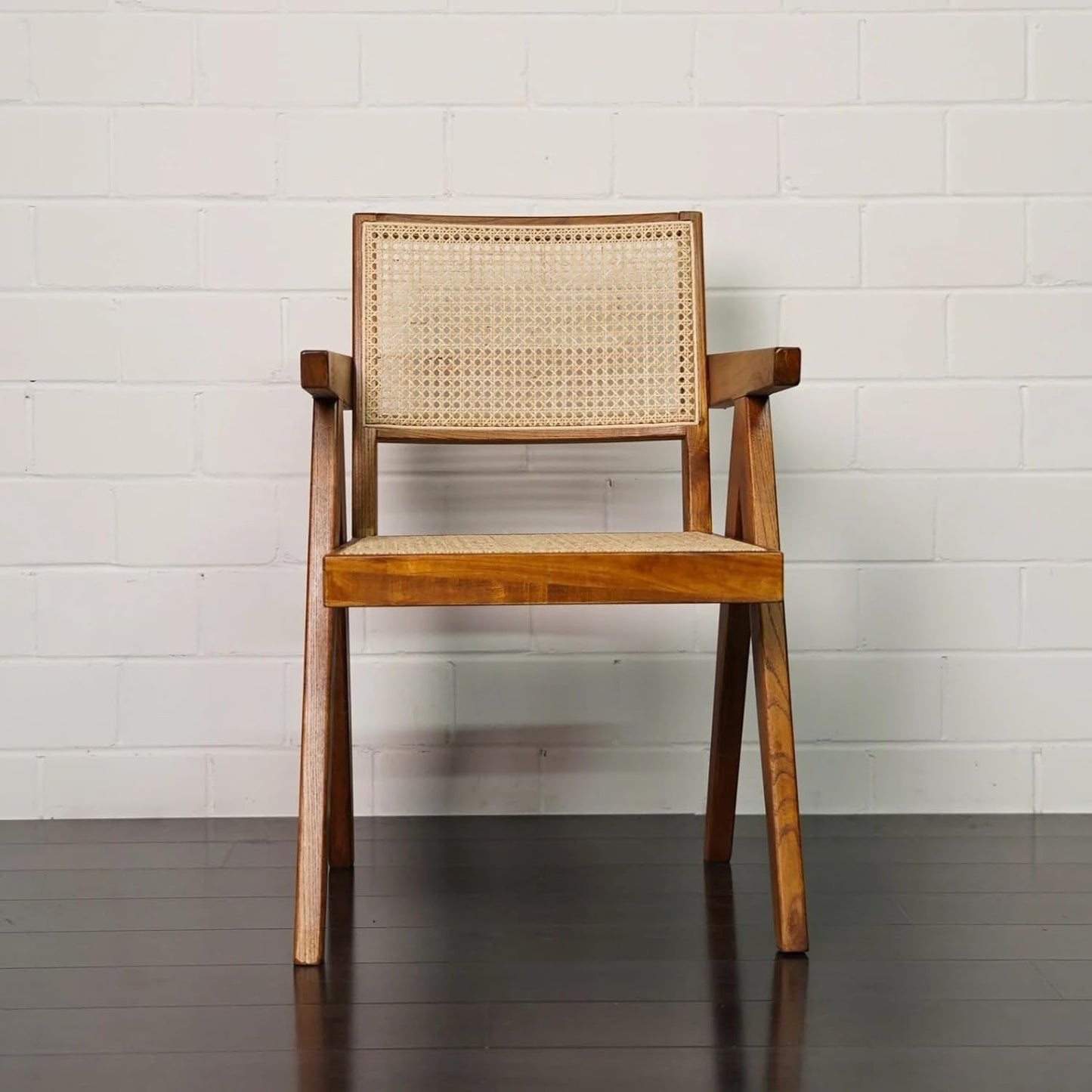 ADOUER WOOD "Mid-Century Modern Wooden Dining Chair with Cane Backrest and Seat – Teak Finish"