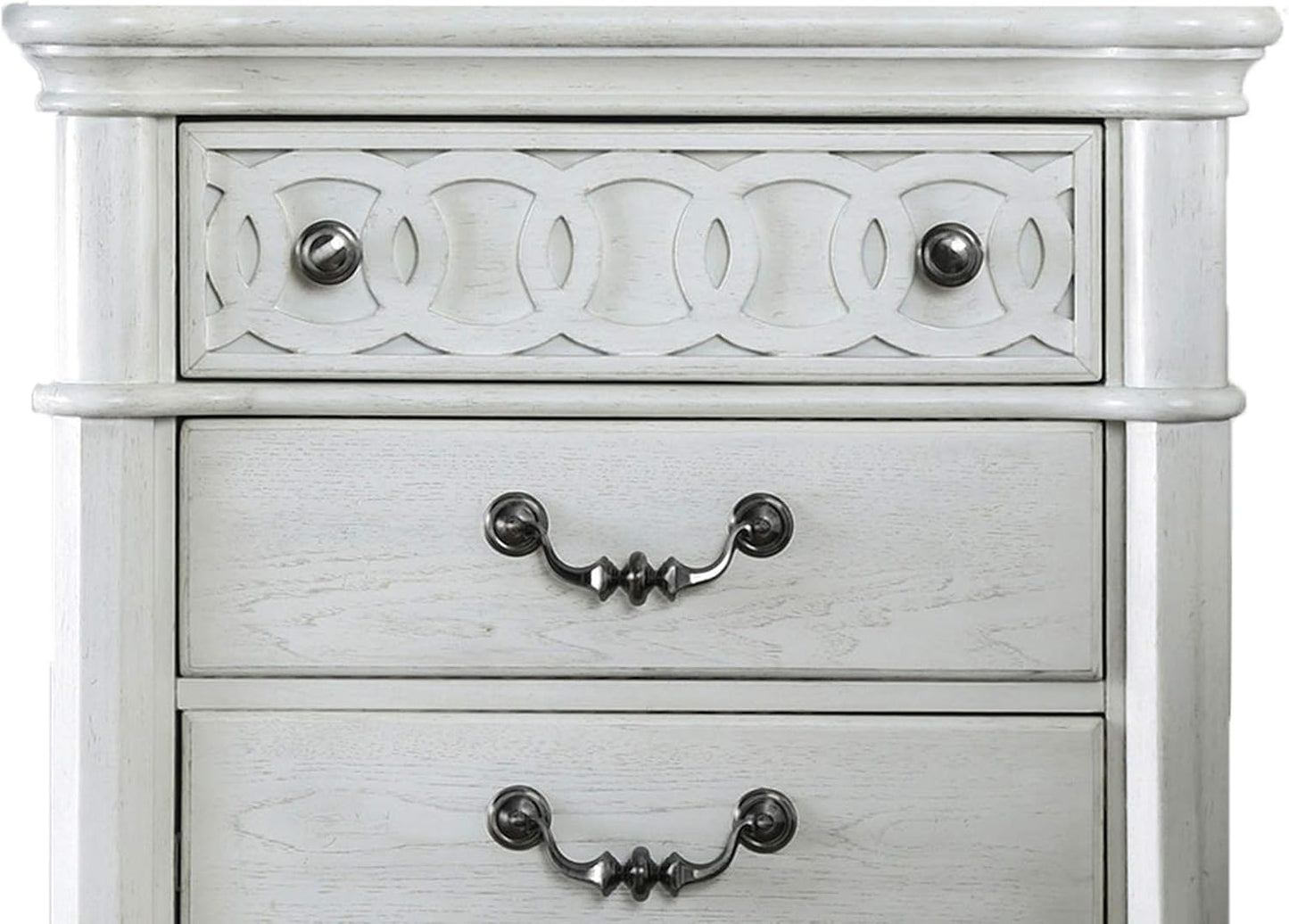 ADOUER WOOD Elegant White Wooden Bedside Table with Decorative Top Drawer and Ornate Handles