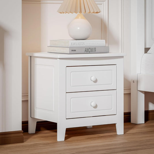 ADOUER WOOD White Wooden Bedside Table with Two Drawers and Knob Handles