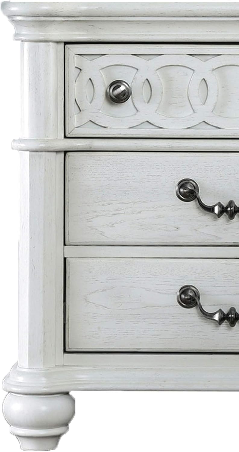 ADOUER WOOD Elegant White Wooden Bedside Table with Decorative Top Drawer and Ornate Handles