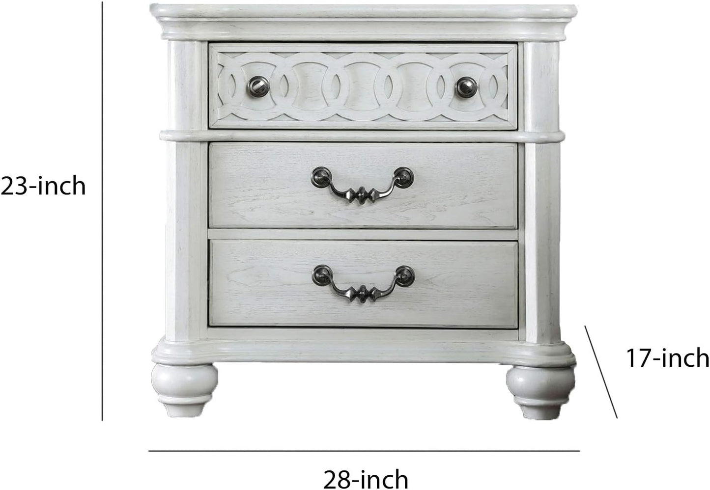 ADOUER WOOD Elegant White Wooden Bedside Table with Decorative Top Drawer and Ornate Handles