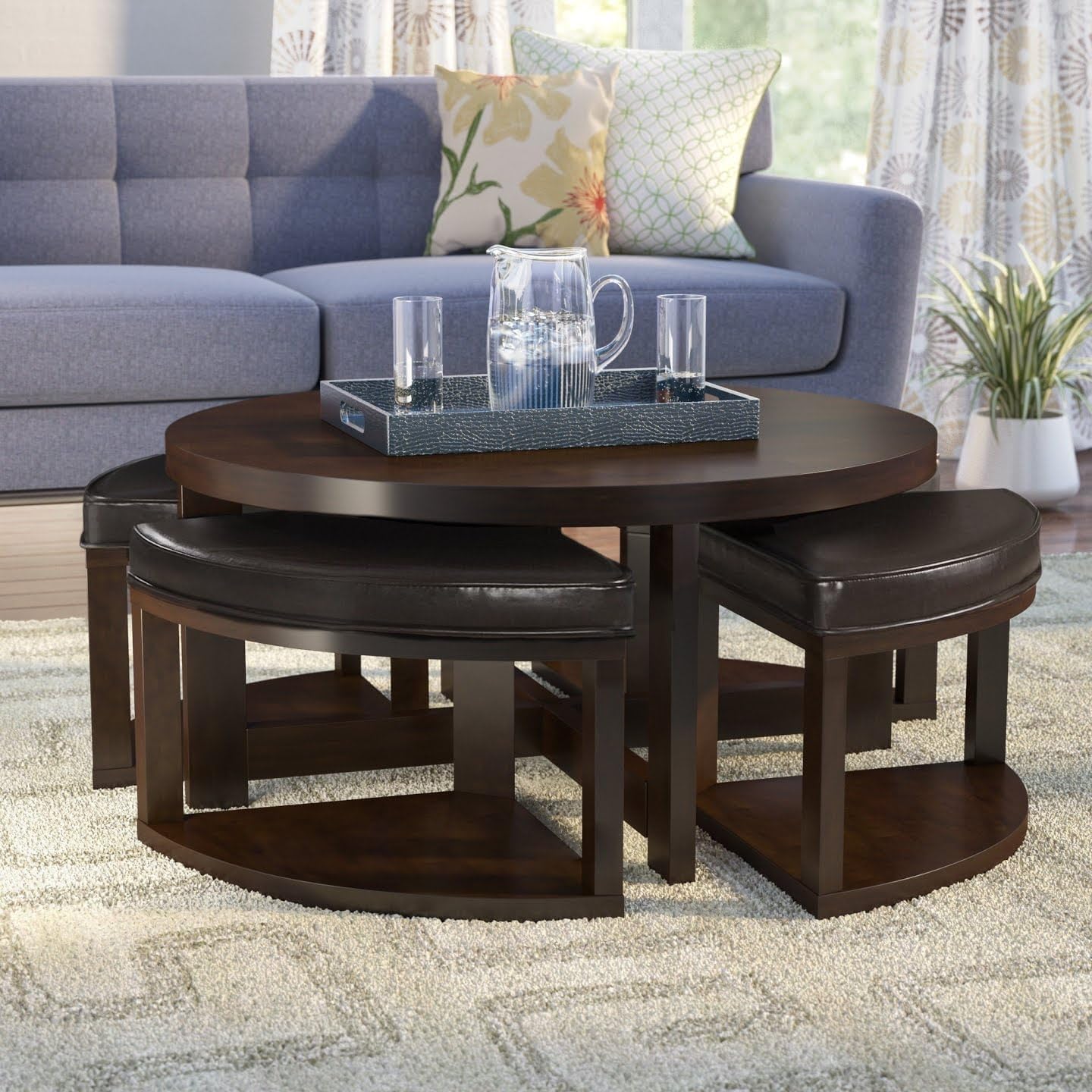 ADOUER WOOD Solid Sheesham Wood Glass Top Coffee Table Set With 4 Setting Stool (Walnut Finish)