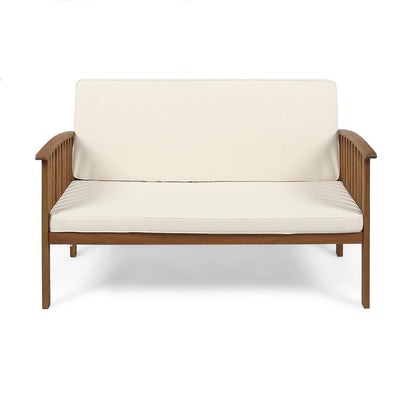 ADOUER WOOD Solid Acacia Wood 2 Seater Sofa With Backrest, Beige Fabric