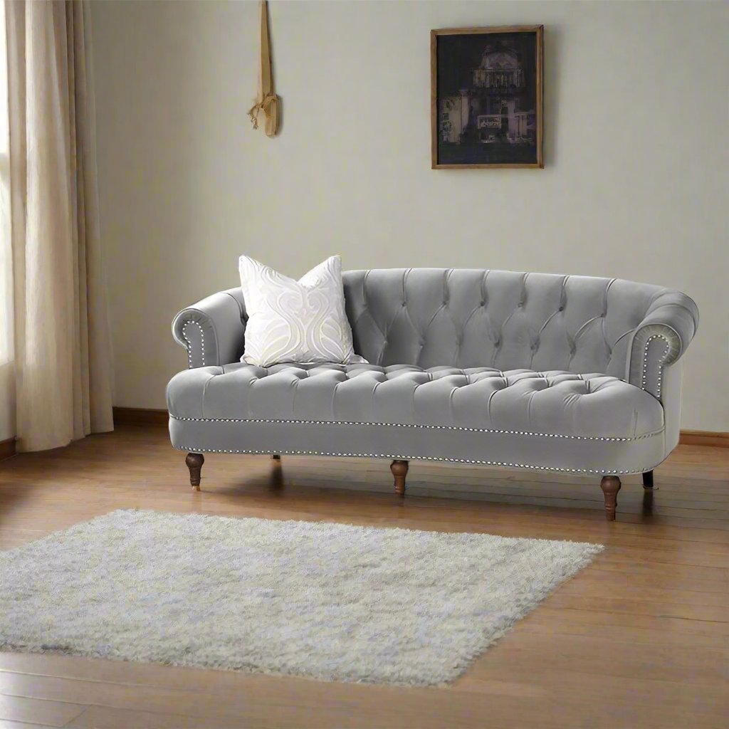 ADOUER WOOD Solid Wood Frame Upholstered Tufted Back 3 Seater Sofa With Backrest