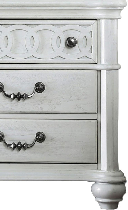 ADOUER WOOD Elegant White Wooden Bedside Table with Decorative Top Drawer and Ornate Handles