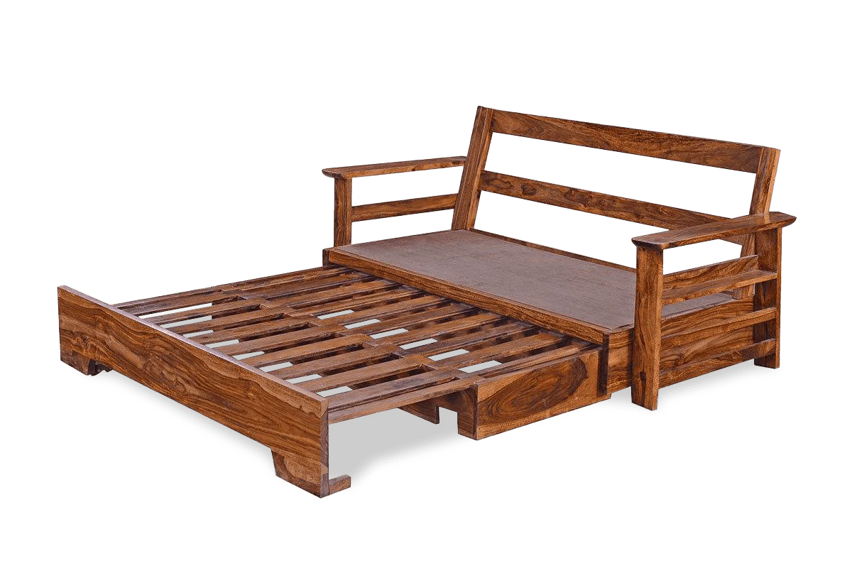 ADOUER WOOD Solid Sheesham Wood Traditional Honey Finish Sofa Cum Bed