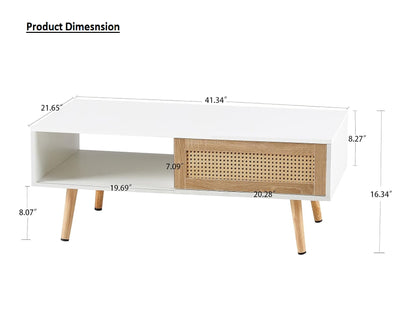 ADOUER WOOD Solid Acacia Wood Luxuries Rattan Coffee Table (White & Natural)