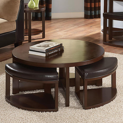 ADOUER WOOD Solid Sheesham Wood Glass Top Coffee Table Set With 4 Setting Stool (Walnut Finish)