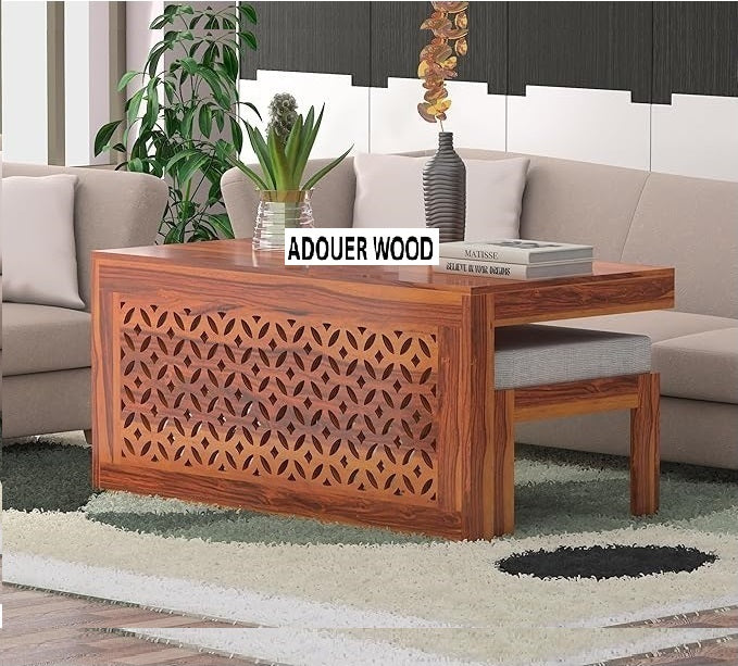 ADOUER WOOD Sheesham Wood Carving Coffee Table with 2 Seating Stools (Honey Finish)