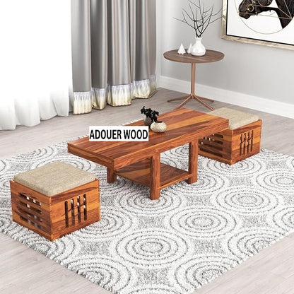 ADOUER WOOD Sheesham Wood Coffee Table Set with 2 Seating Designer Stools (Teak Finish)