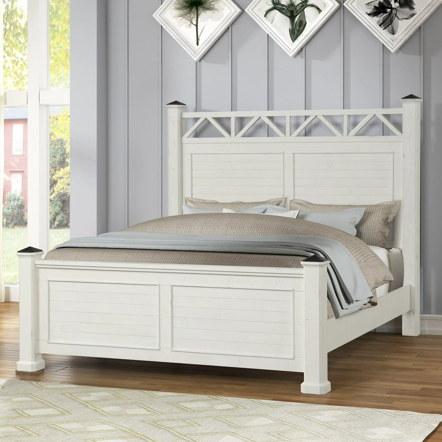 Adouer Wood Feel Royal Solid Sheesham Wood Designer Bed (White)