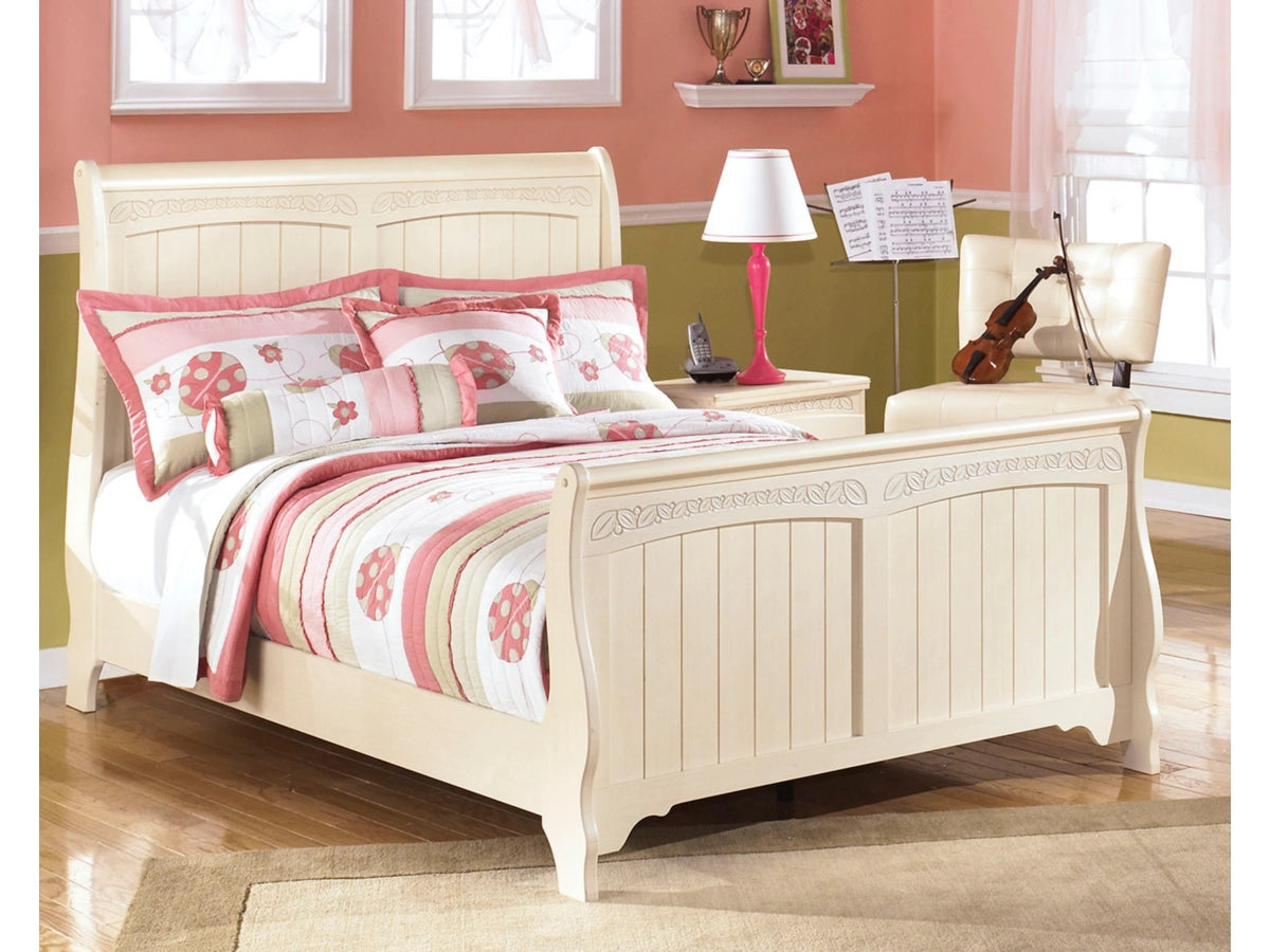 Adouer Wood "Elegant Cream Solid Sheesham Wooden Sleigh Bed with Carved Floral Details – Classic Bedroom Furniture"