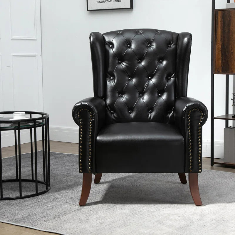 ADOUER WOOD Solid Wood Leg & Frame With Tufted  Leatherette Fabric Wingback Chair