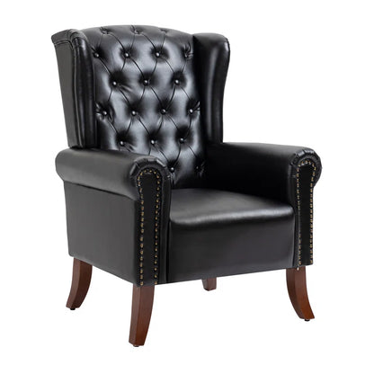 ADOUER WOOD Solid Wood Leg & Frame With Tufted  Leatherette Fabric Wingback Chair