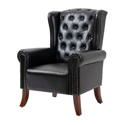 ADOUER WOOD Solid Wood Leg & Frame With Tufted  Leatherette Fabric Wingback Chair