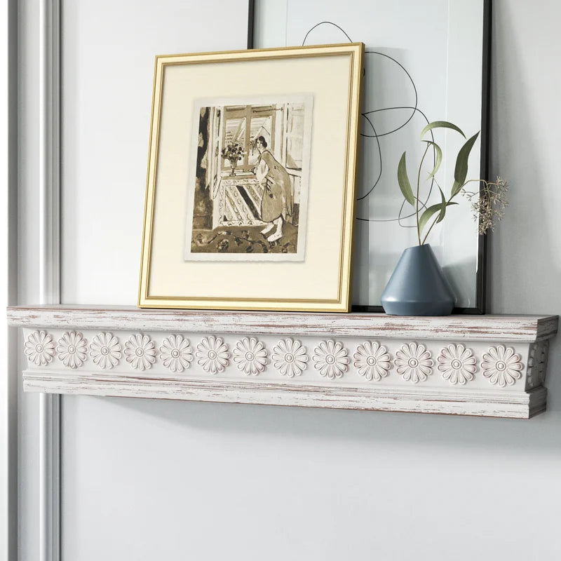 ADOUER WOOD Acacia Wood Designer White Distressed Carving Wall Shelve