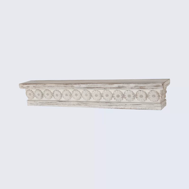 ADOUER WOOD Acacia Wood Designer White Distressed Carving Wall Shelve