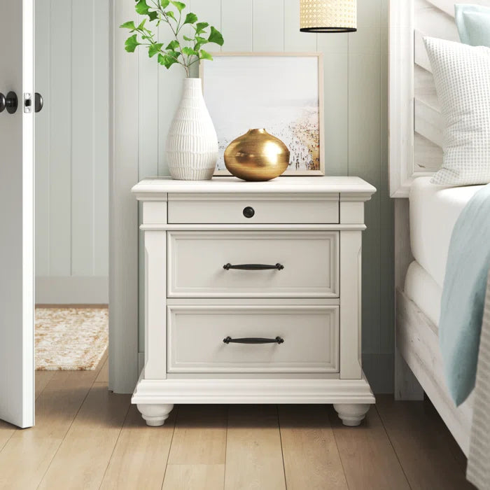 ADOUER WOOD "Classic White Wooden Bedside Table with Three Drawers"