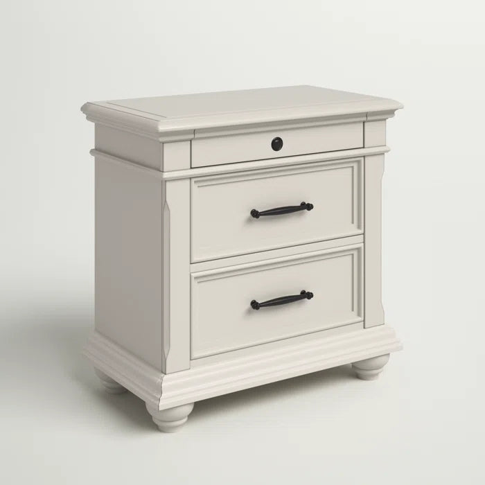 ADOUER WOOD "Classic White Wooden Bedside Table with Three Drawers"