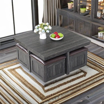 ADOUER WOOD Sheesham Wood Coffee Table Set With 4 Set Storage Stool (Rustic Grey Finish)