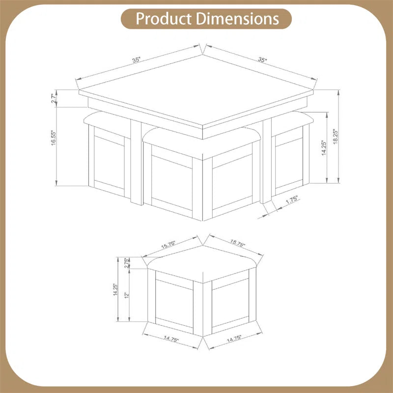 ADOUER WOOD Sheesham Wood Coffee Table Set With 4 Set Storage Stool (Rustic Grey Finish)