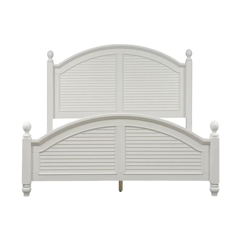 Adouer Wood "Coastal White Solid Sheesham Wood Bed with Arched Headboard and Shutter Detailing"