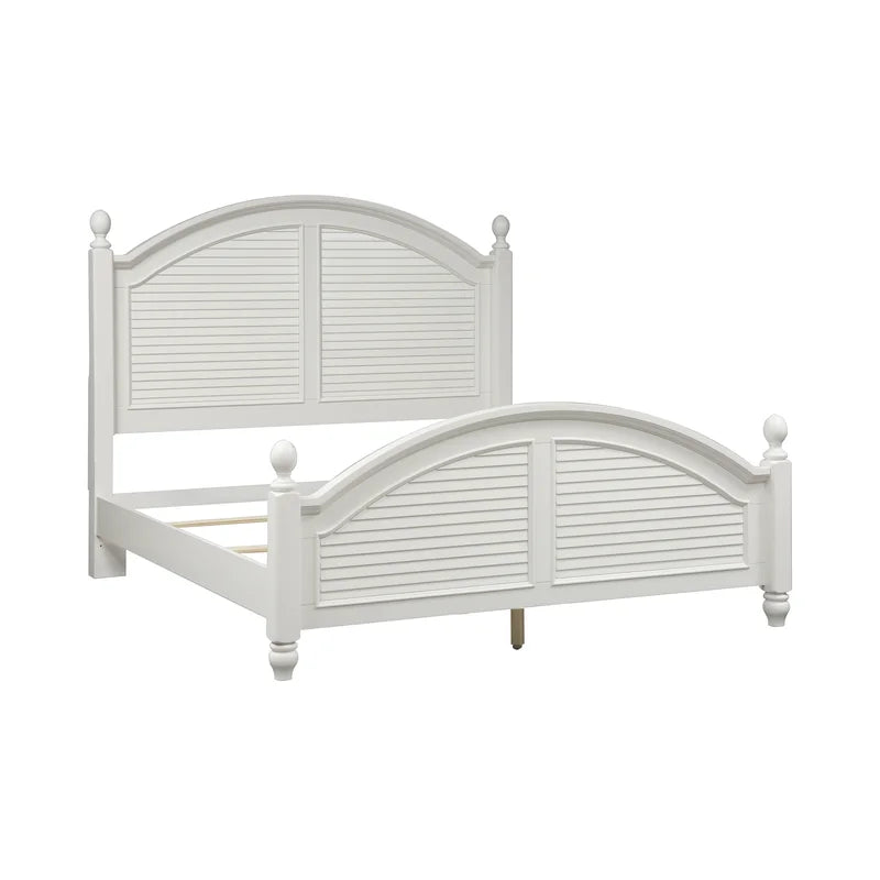 Adouer Wood "Coastal White Solid Sheesham Wood Bed with Arched Headboard and Shutter Detailing"