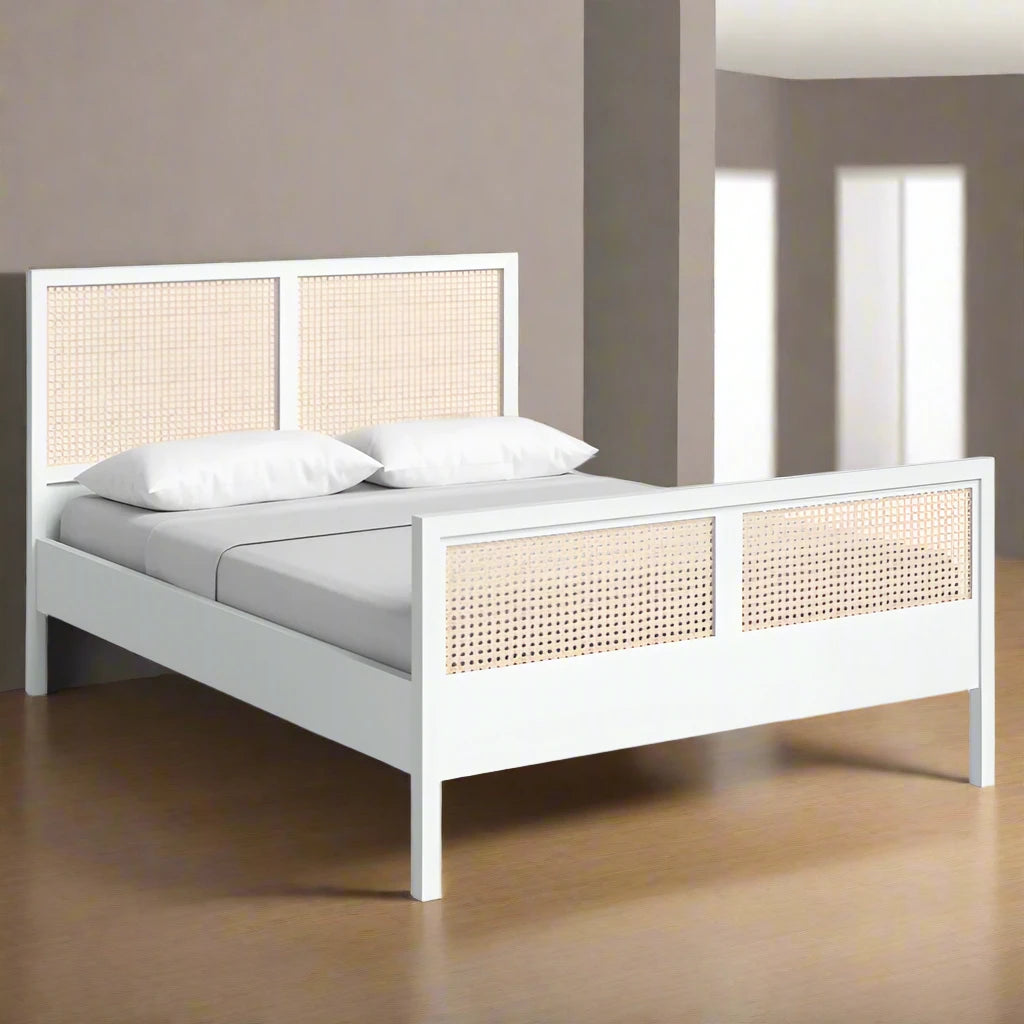 ADOUER WOOD Sheesham Wood White Classic Rattan Cane Bed, Without Storage