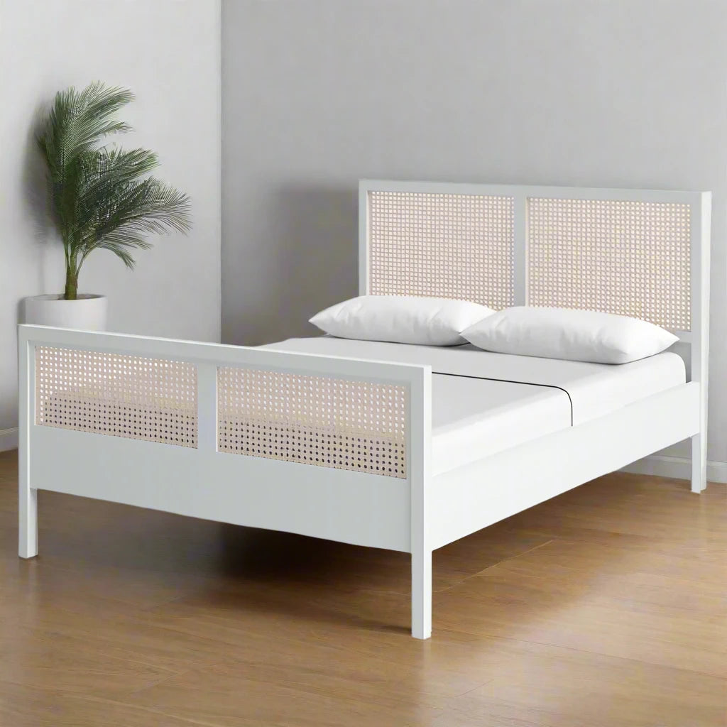 ADOUER WOOD Sheesham Wood White Classic Rattan Cane Bed, Without Storage