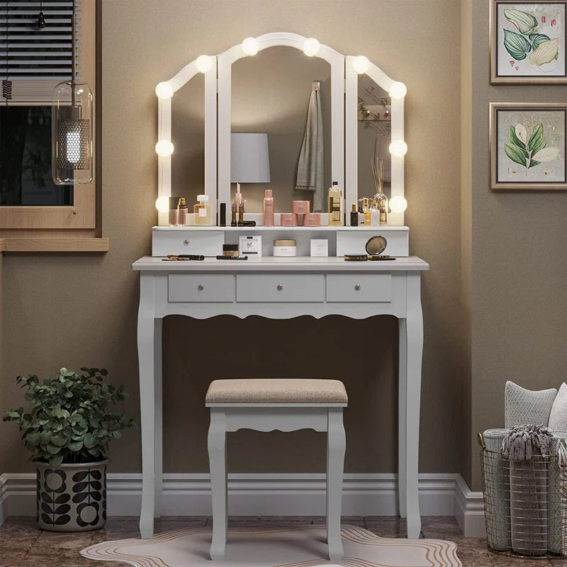 ADOUER WOOD "Elegant White Vanity Dressing Table with Tri-Fold Mirror and Cushioned Stool"