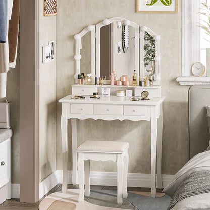 ADOUER WOOD "Elegant White Vanity Dressing Table with Tri-Fold Mirror and Cushioned Stool"