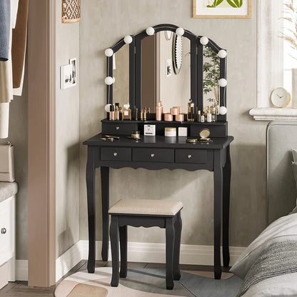 ADOUER WOOD "Elegant White Vanity Dressing Table with Tri-Fold Mirror and Cushioned Stool"