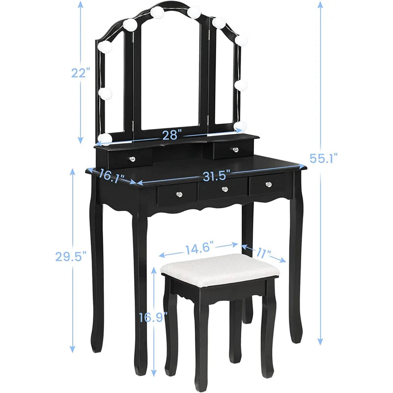 ADOUER WOOD "Elegant White Vanity Dressing Table with Tri-Fold Mirror and Cushioned Stool"