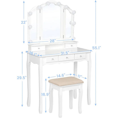 ADOUER WOOD "Elegant White Vanity Dressing Table with Tri-Fold Mirror and Cushioned Stool"