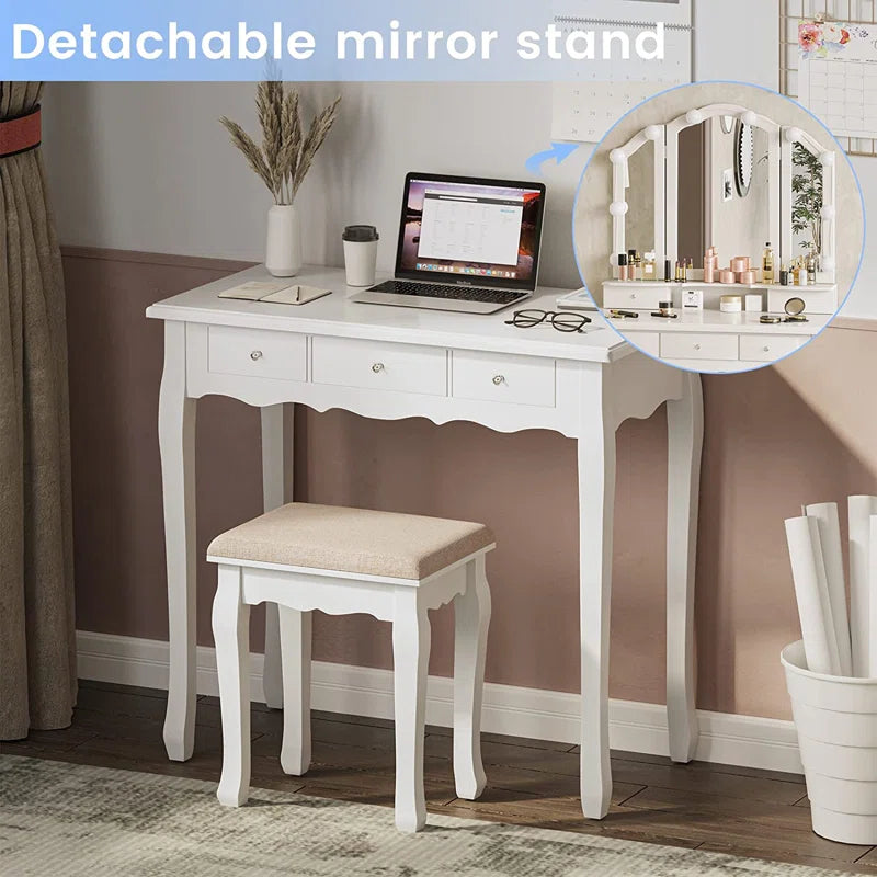 ADOUER WOOD "Elegant White Vanity Dressing Table with Tri-Fold Mirror and Cushioned Stool"