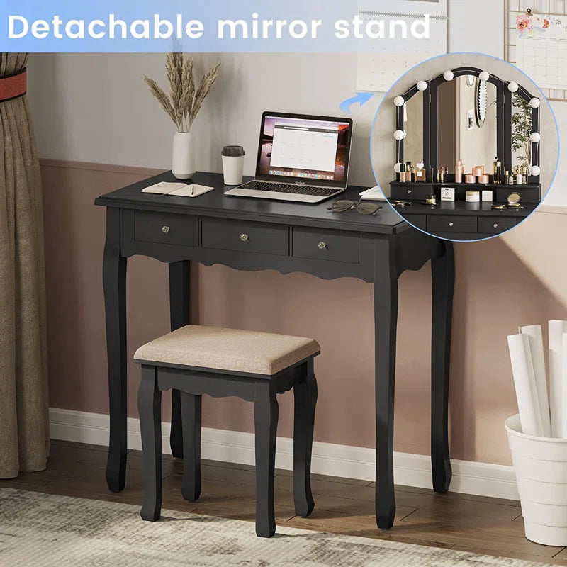 ADOUER WOOD "Elegant White Vanity Dressing Table with Tri-Fold Mirror and Cushioned Stool"