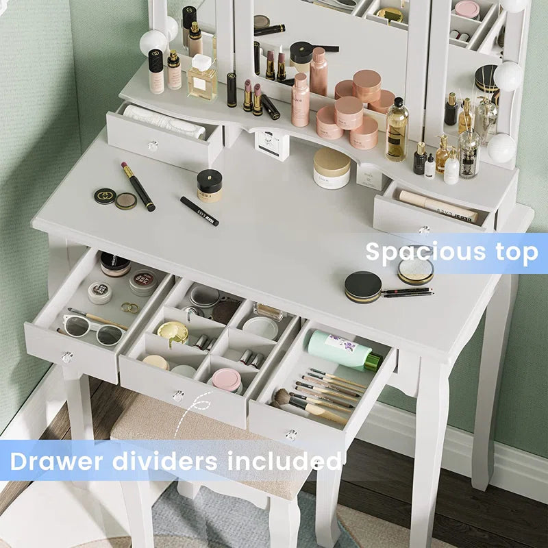 ADOUER WOOD "Elegant White Vanity Dressing Table with Tri-Fold Mirror and Cushioned Stool"