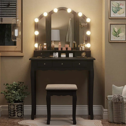 ADOUER WOOD "Elegant White Vanity Dressing Table with Tri-Fold Mirror and Cushioned Stool"