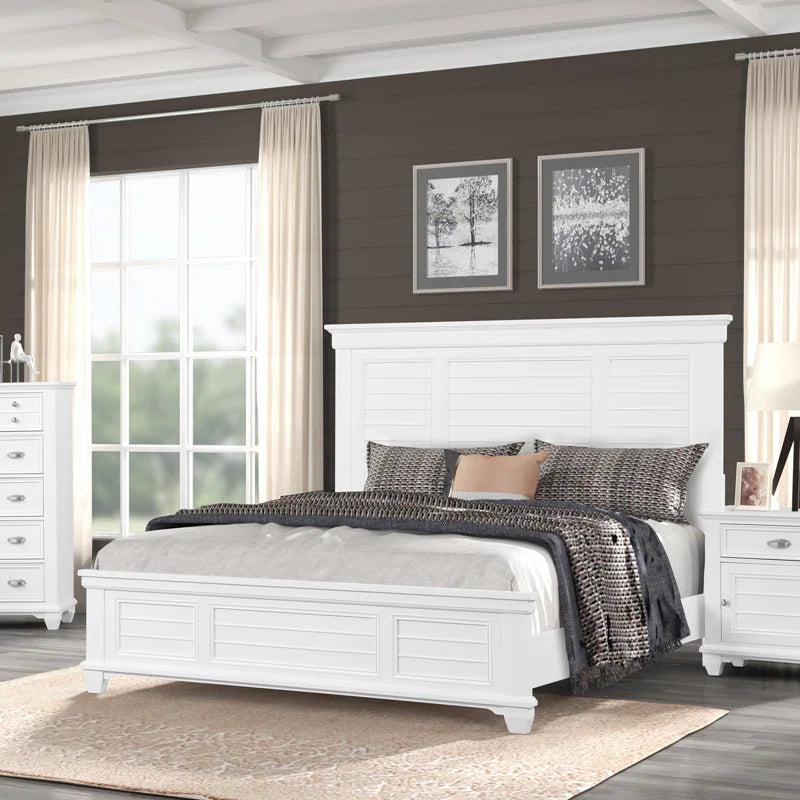 Adouer Wood "Modern White Solid Sheesham Wood Panel Bed with Sleek Shutter-Style Design"