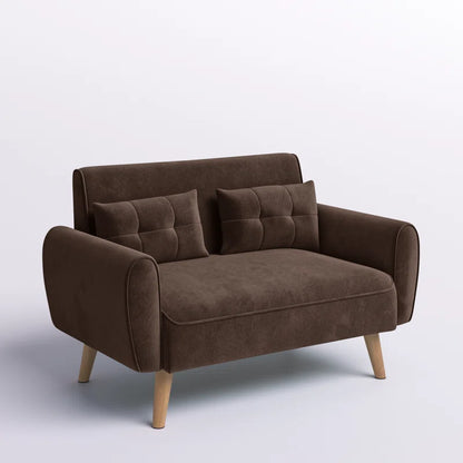 ADOUER WOOD Elegant Brown Two-Seater Sofa with Wooden Legs & Tufted Cushions