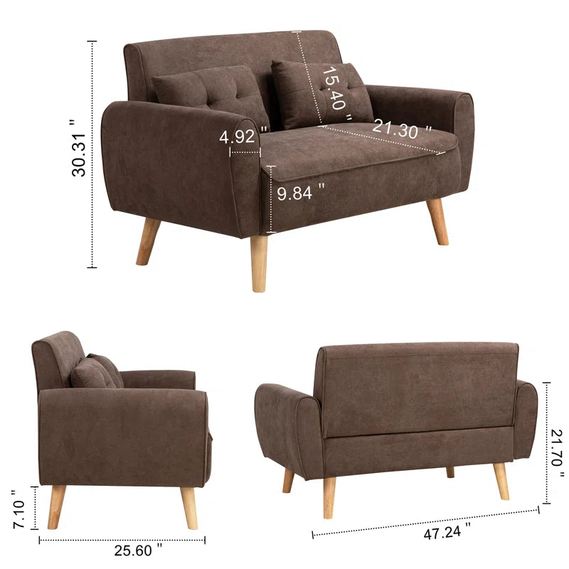 ADOUER WOOD Elegant Brown Two-Seater Sofa with Wooden Legs & Tufted Cushions