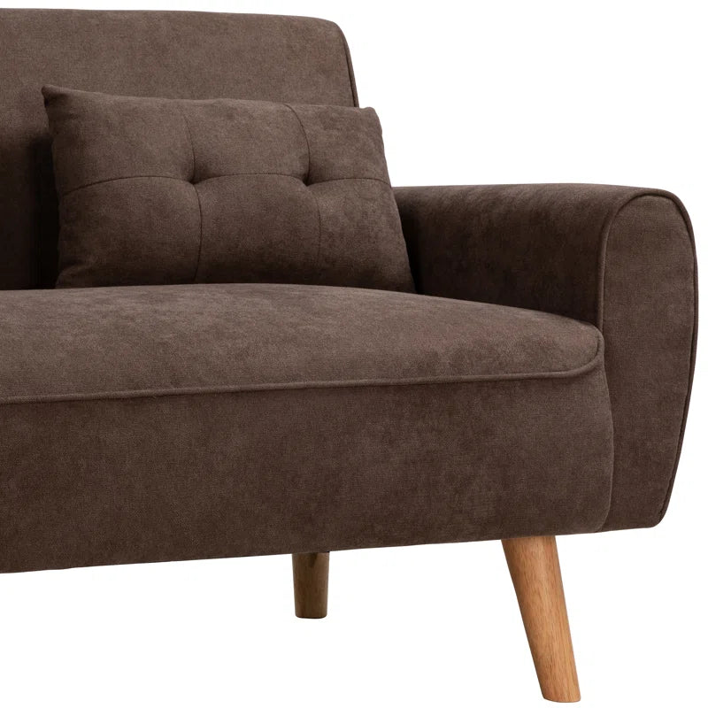 ADOUER WOOD Elegant Brown Two-Seater Sofa with Wooden Legs & Tufted Cushions