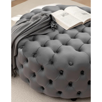 ADOUER WOOD Solid Wood Leg Tufted Design Upholstered Ottoman/Pouffe Without Storage